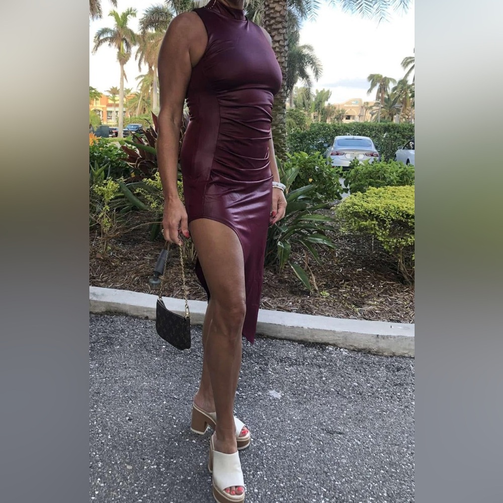 Faux Leather Burgundy Asymmetrical Dress